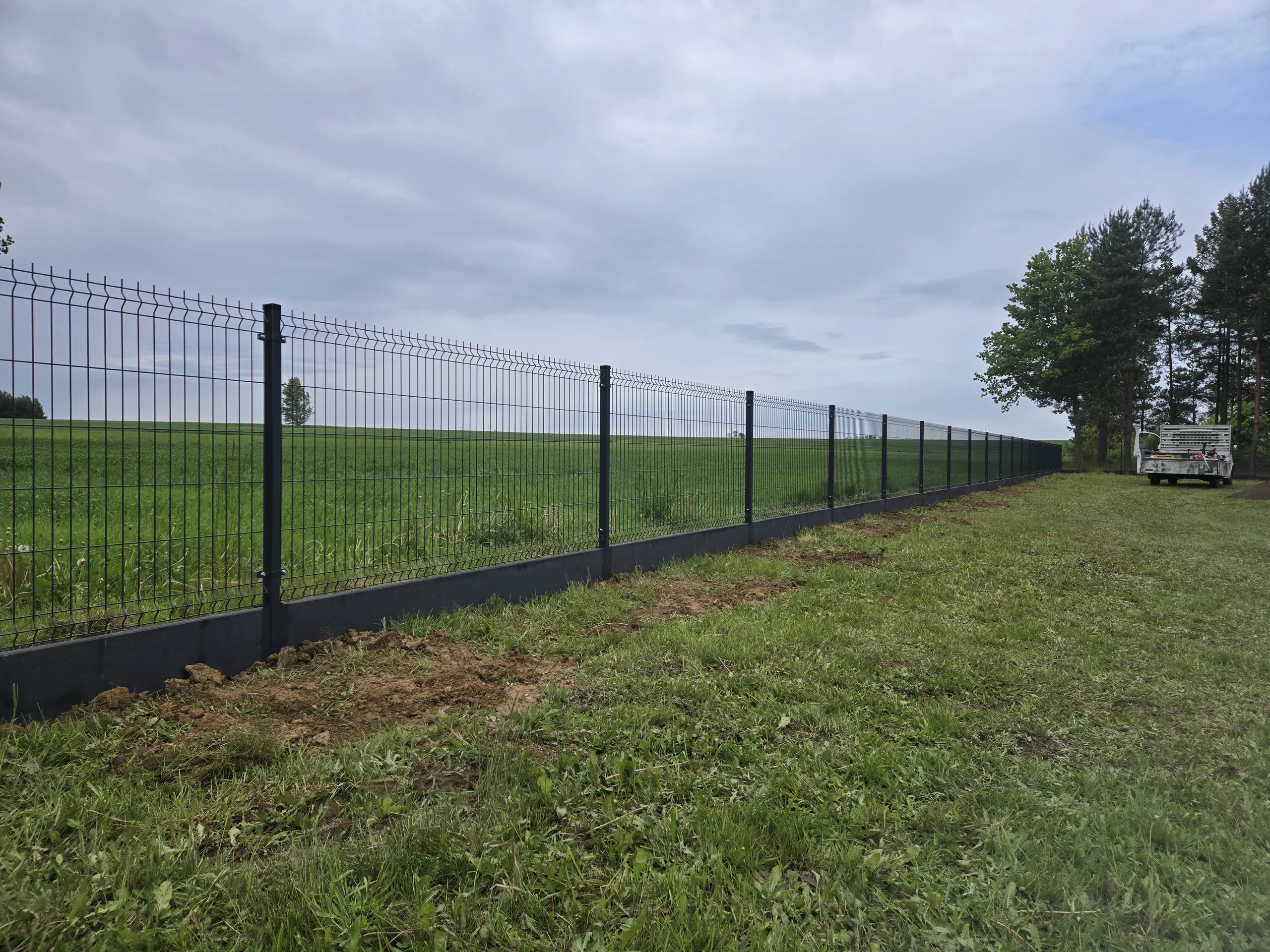 Ogrodzenie panelowe 3d z czarnych stalowych paneli na betonowej podmurówce na tle trawiastej łąki