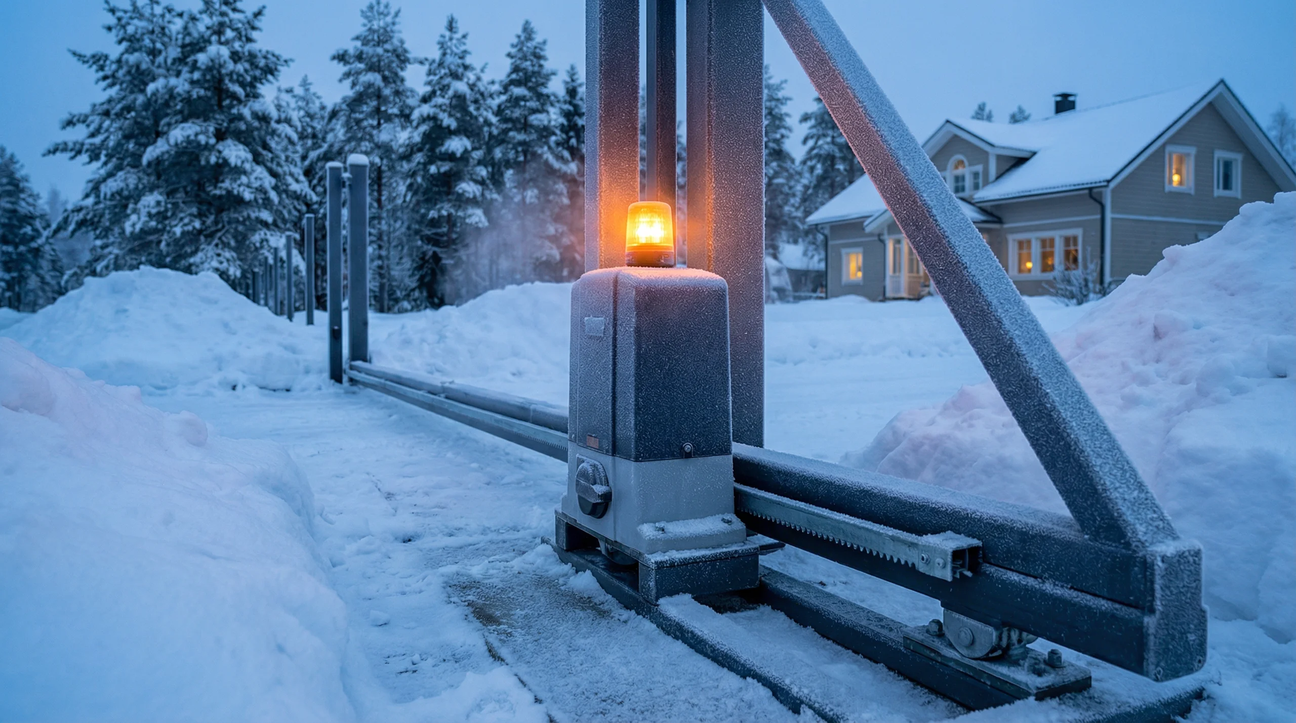 Napęd do bramy przesuwnej na prowadnicy w zimowej aranżacji przed domem